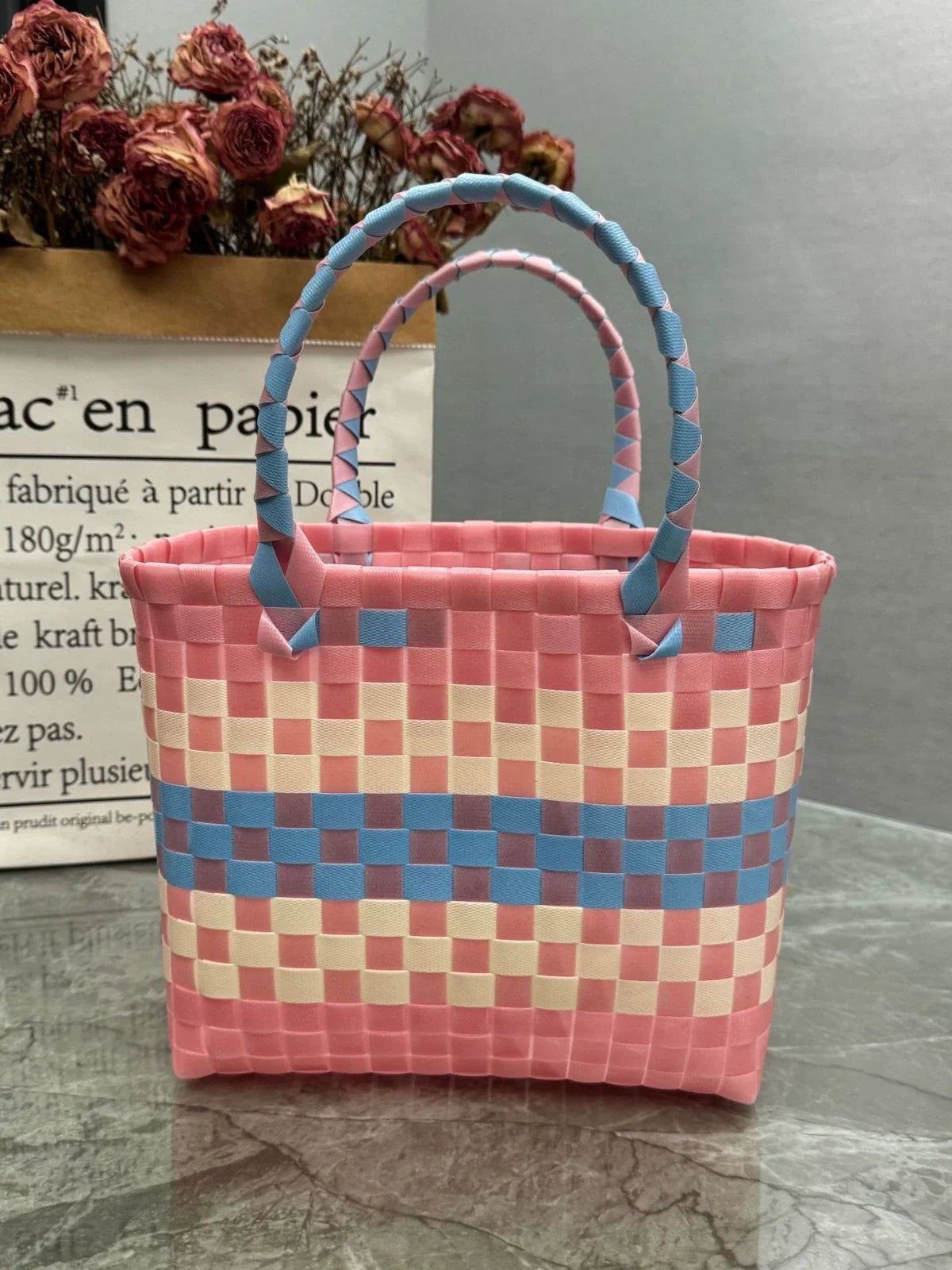 Nova bolsa de presente de cesta de presente de plástico tecido bolsa de presente estilo fresco bolsa de praia bolsa feminina.