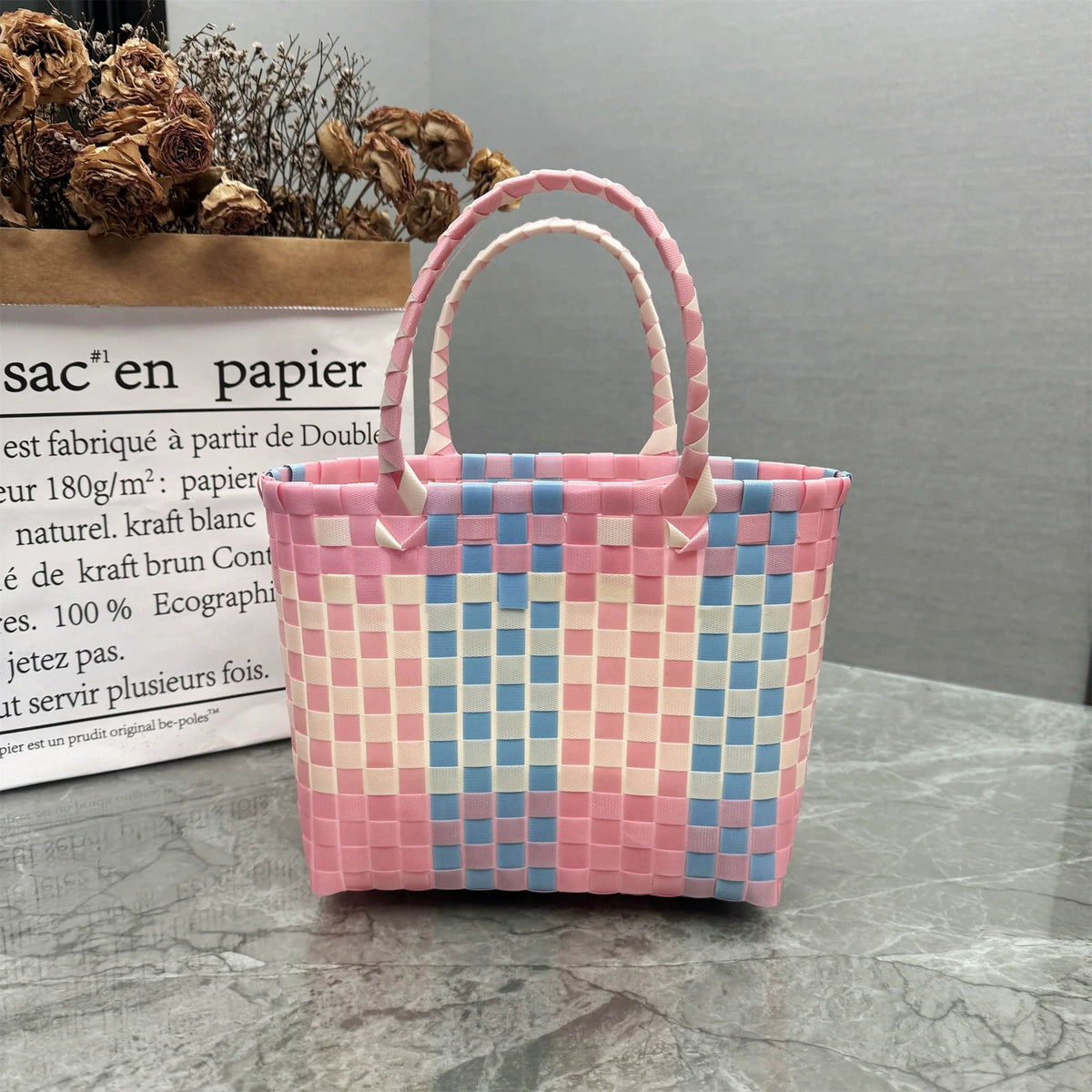 Nova bolsa de presente de cesta de presente de plástico tecido bolsa de presente estilo fresco bolsa de praia bolsa feminina.