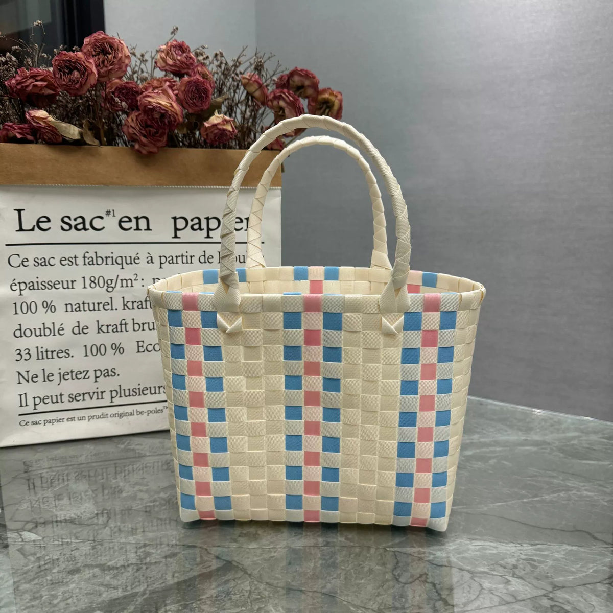 Nova bolsa de presente de cesta de presente de plástico tecido bolsa de presente estilo fresco bolsa de praia bolsa feminina.