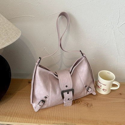 Nova Bolsa Feminina Franzida - Bolsa Minimalista de Couro Macio para Outono, Estilo Baguete - Bolsa Tote Pequena, Doce e Descolada para Motociclistas, de Ombro Único.
