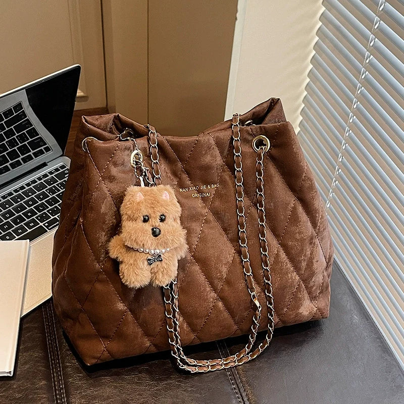 Bolsa Tote Matelassê Diamante de Grande Capacidade para Mulheres, Nova Bolsa de Ombro Estilo Coreano da Moda 2026, Bolsa Casual Versátil para o Dia a Dia.