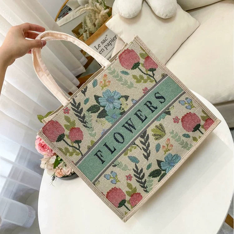 Nova bolsa de linho com estampa de desenho animado, grande capacidade, bolsa de compras com bordado jacquard para mulheres, bolsa de compras de linho simples e elegante.
