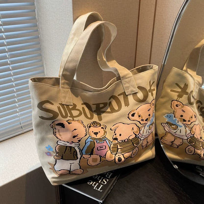 Bolsa Feminina Casual de Grande Capacidade, Moda Verão, Estampa Divertida de Desenho Animado em Lona, Bolsa Tote de Ombro para o Dia a Dia, Bolsa Maternidade.