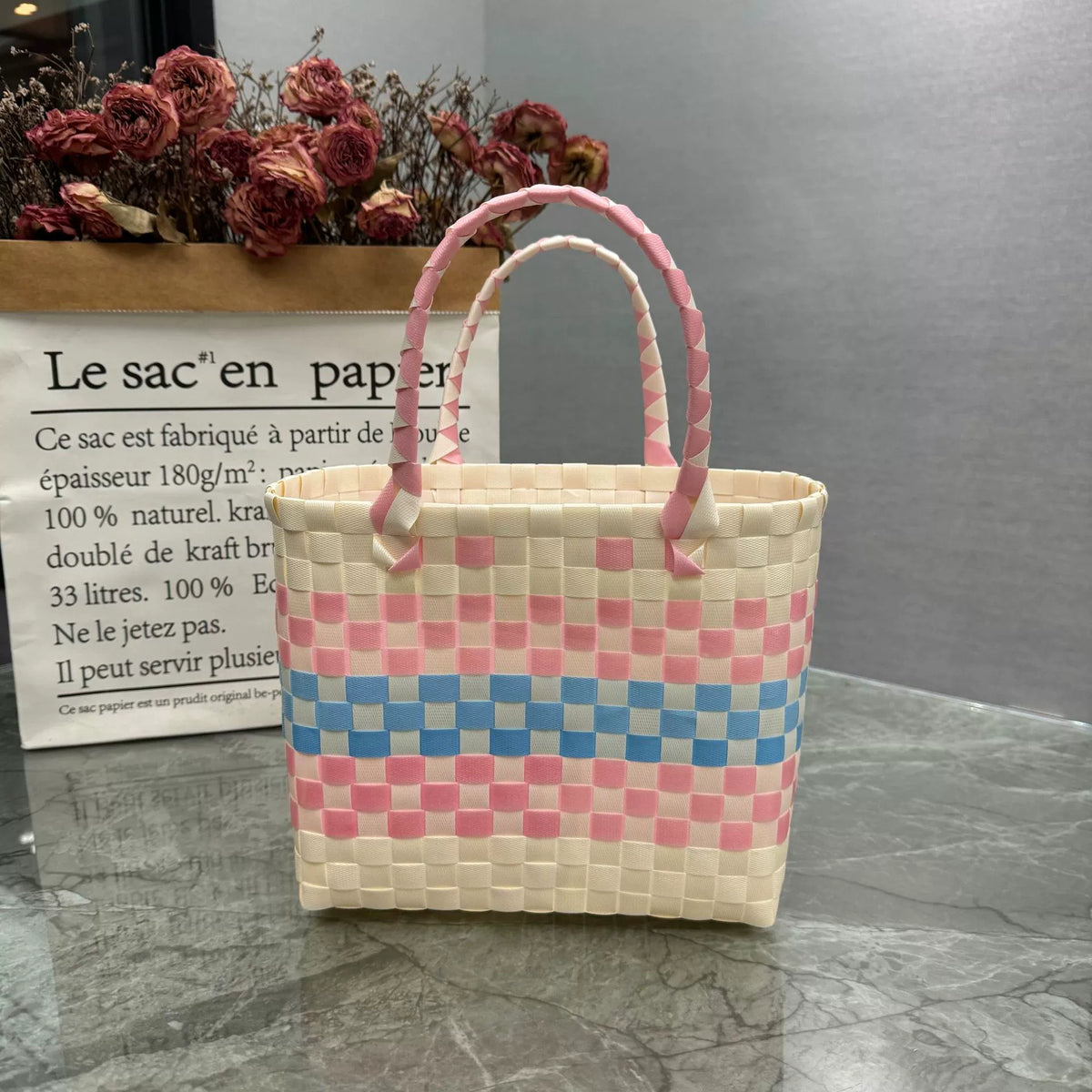 Nova bolsa de presente de cesta de presente de plástico tecido bolsa de presente estilo fresco bolsa de praia bolsa feminina.