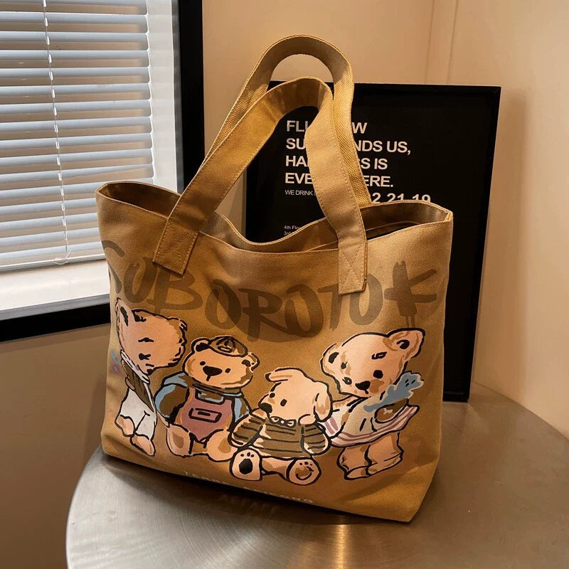 Bolsa Feminina Casual de Grande Capacidade, Moda Verão, Estampa Divertida de Desenho Animado em Lona, Bolsa Tote de Ombro para o Dia a Dia, Bolsa Maternidade.