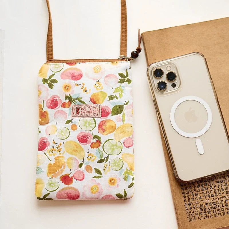 Bolsa Transversal Pequena Floral para Mães e Avós - Tecido de Algodão, Porta-Celular, Porta-Moedas, Design Dobrável