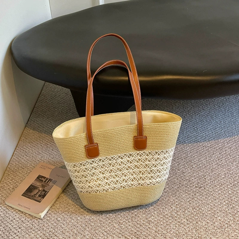 Bolsa de palha para mulheres, bolsa de verão, bolsa tote, bolsa tipo saco de grande capacidade, bolsa de ombro de palha, bolsa de vime, transfronteiriça.