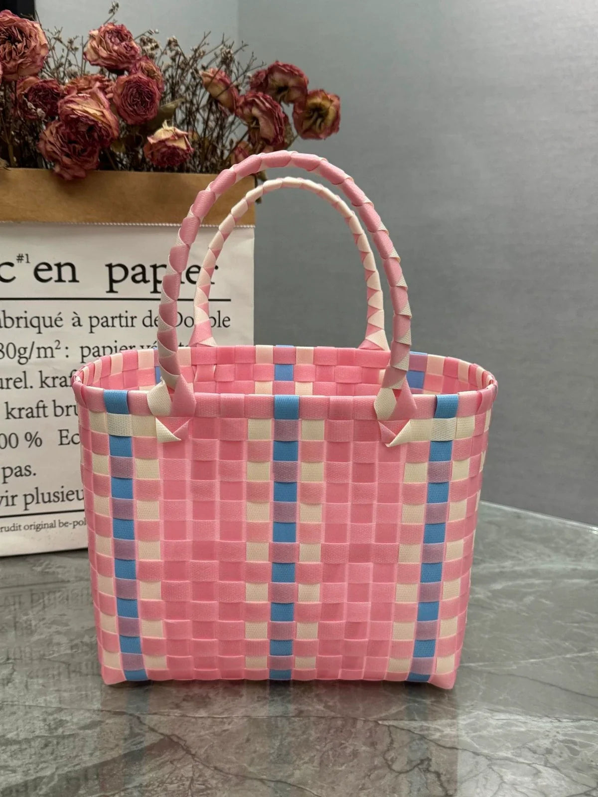 Nova bolsa de presente de cesta de presente de plástico tecido bolsa de presente estilo fresco bolsa de praia bolsa feminina.