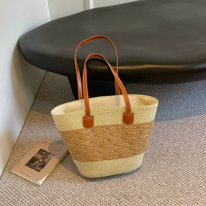 Bolsa de palha para mulheres, bolsa de verão, bolsa tote, bolsa tipo saco de grande capacidade, bolsa de ombro de palha, bolsa de vime, transfronteiriça.
