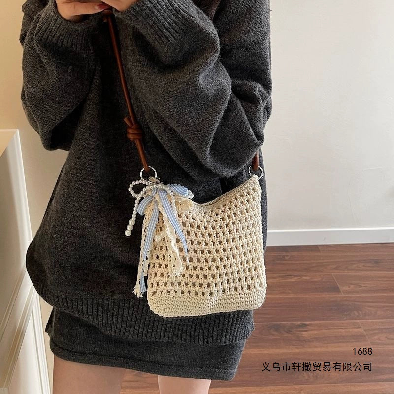 Bolsa feminina artesanal de tecido, novo estilo Verão 2026, Mori Girl Chic, bolsa de ombro fashion, bolsa transversal para férias na praia.