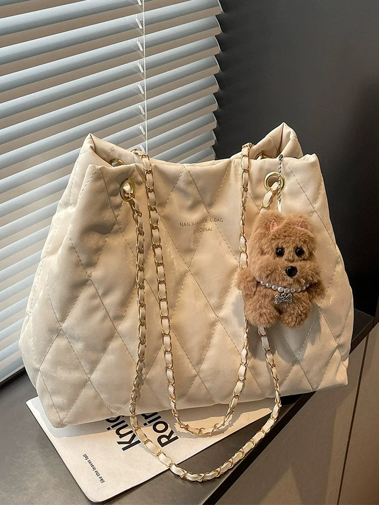 Bolsa Tote Matelassê Diamante de Grande Capacidade para Mulheres, Nova Bolsa de Ombro Estilo Coreano da Moda 2026, Bolsa Casual Versátil para o Dia a Dia.