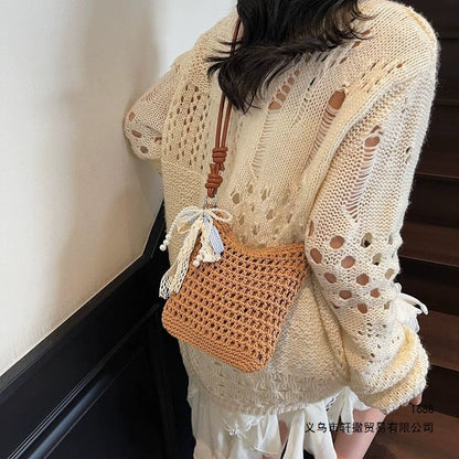Bolsa feminina artesanal de tecido, novo estilo Verão 2026, Mori Girl Chic, bolsa de ombro fashion, bolsa transversal para férias na praia.