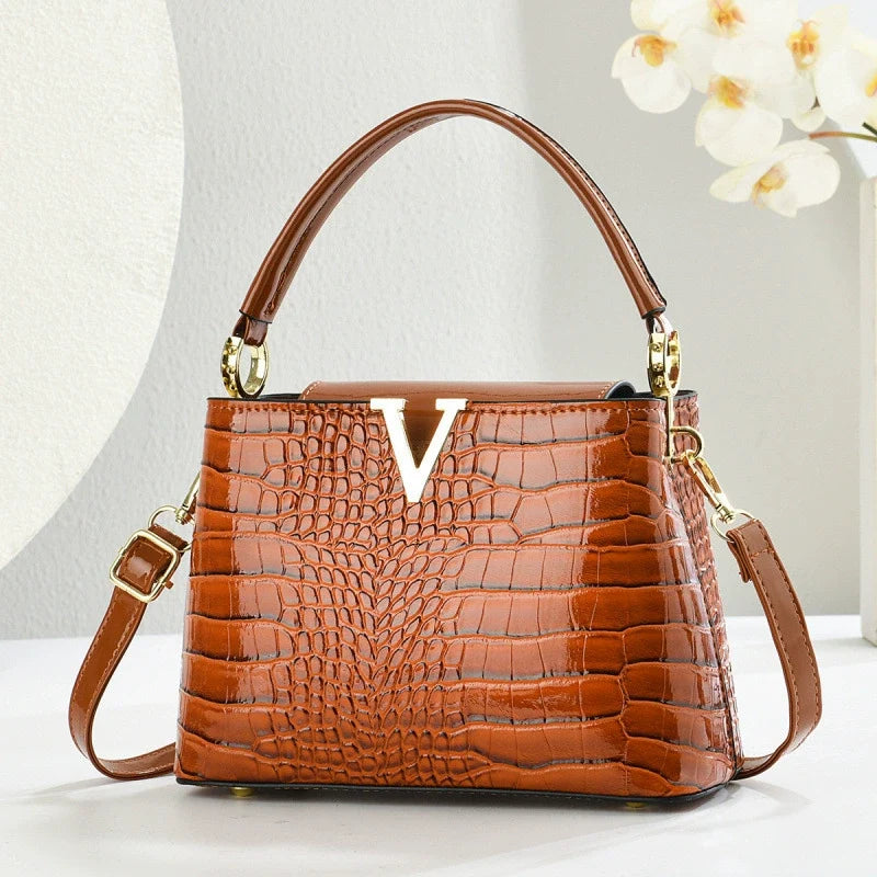 Bolsa Tote Versátil e Estilosa com Textura de Crocodilo - Bolsa de Ombro Casual para o Dia a Dia - Bolsa Transversal Feminina com Design Retrô - Bolsas Transfronteiriças