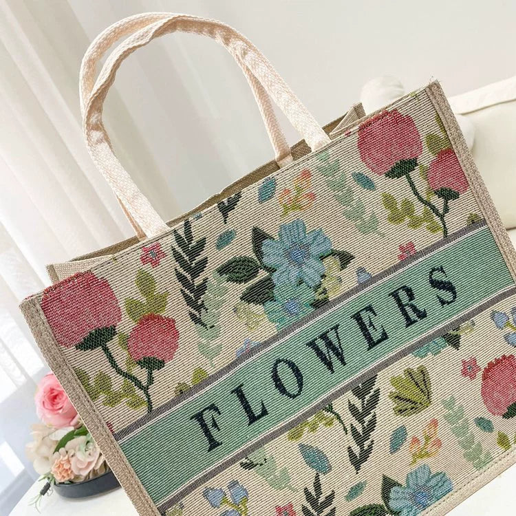Nova bolsa de linho com estampa de desenho animado, grande capacidade, bolsa de compras com bordado jacquard para mulheres, bolsa de compras de linho simples e elegante.