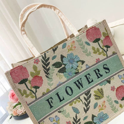 Nova bolsa de linho com estampa de desenho animado, grande capacidade, bolsa de compras com bordado jacquard para mulheres, bolsa de compras de linho simples e elegante.
