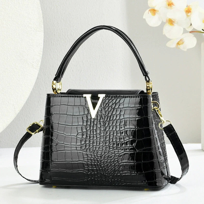 Bolsa Tote Versátil e Estilosa com Textura de Crocodilo - Bolsa de Ombro Casual para o Dia a Dia - Bolsa Transversal Feminina com Design Retrô - Bolsas Transfronteiriças