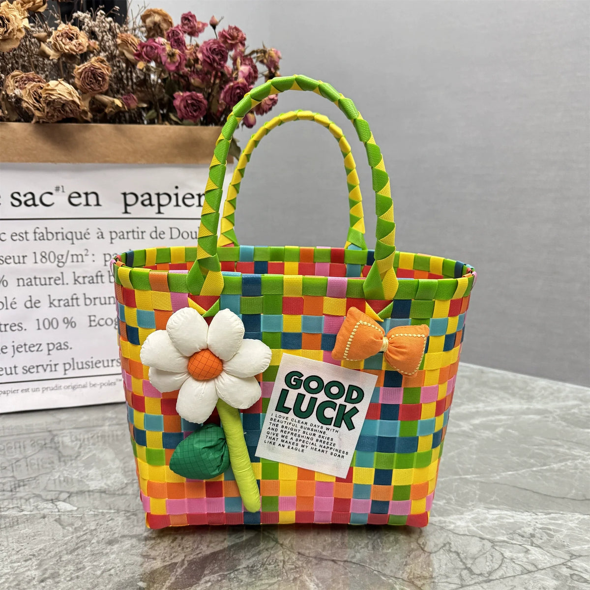 Nova bolsa de presente de cesta de presente de plástico tecido bolsa de presente estilo fresco bolsa de praia bolsa feminina.