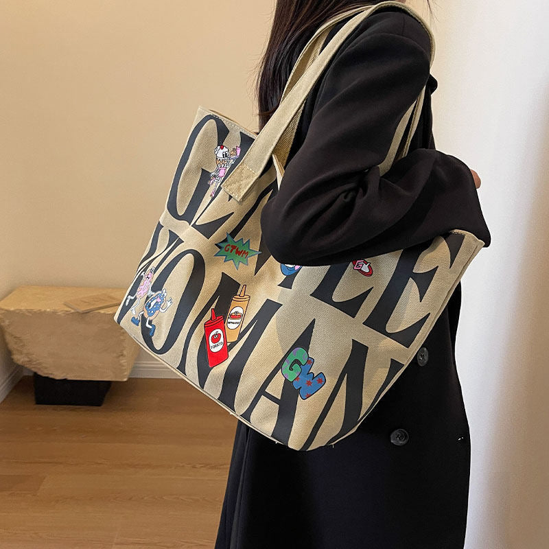 Bolsa de Lona com Letras Feminina Grande Capacidade 2026 Nova Bolsa Tote Casual Bolsa de Ombro Escolar para Estudantes
