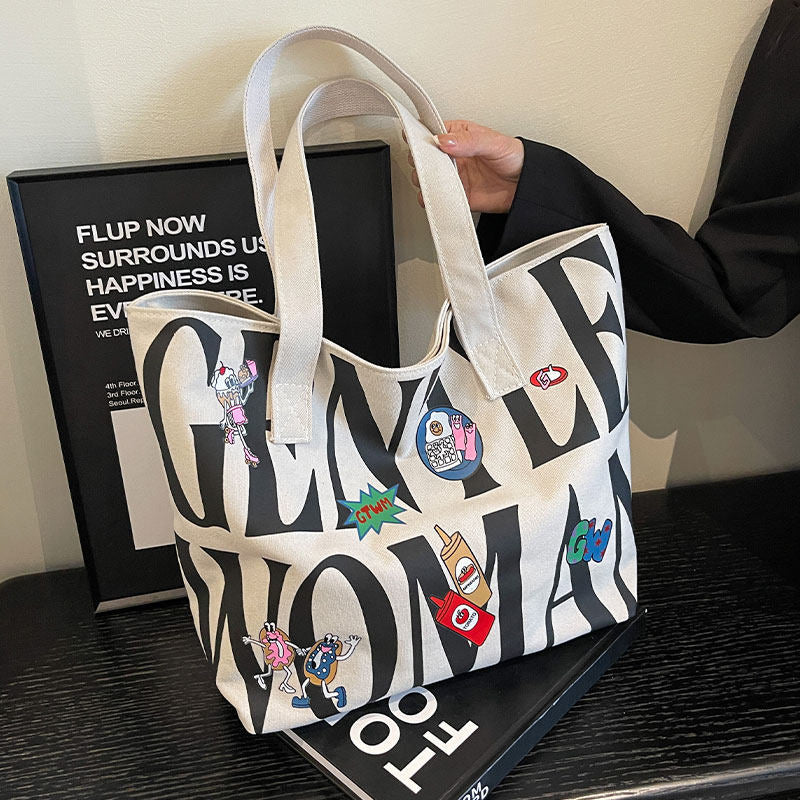 Bolsa de Lona com Letras Feminina Grande Capacidade 2026 Nova Bolsa Tote Casual Bolsa de Ombro Escolar para Estudantes