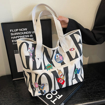 Bolsa de Lona com Letras Feminina Grande Capacidade 2026 Nova Bolsa Tote Casual Bolsa de Ombro Escolar para Estudantes