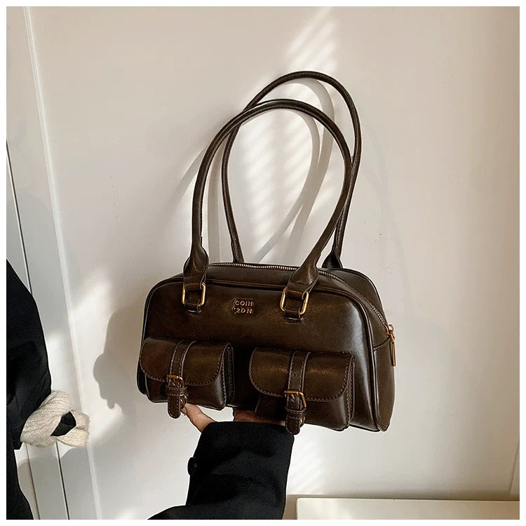 Calça retrô de alta qualidade com vários bolsos e bolsa de grande capacidade para mulheres, estilo novo de 2024, bolsa de boliche, bolsa de ombro único, bolsa de axila para outono e inverno.