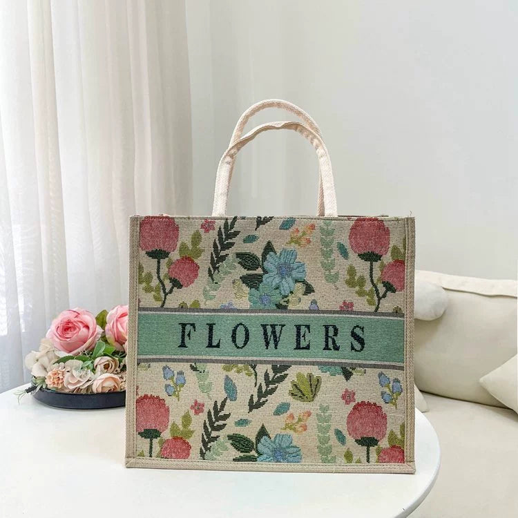 Nova bolsa de linho com estampa de desenho animado, grande capacidade, bolsa de compras com bordado jacquard para mulheres, bolsa de compras de linho simples e elegante.