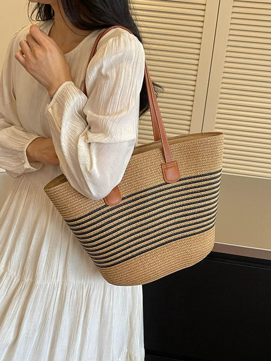 Bolsa de palha para mulheres, bolsa de verão, bolsa tote, bolsa tipo saco de grande capacidade, bolsa de ombro de palha, bolsa de vime, transfronteiriça.