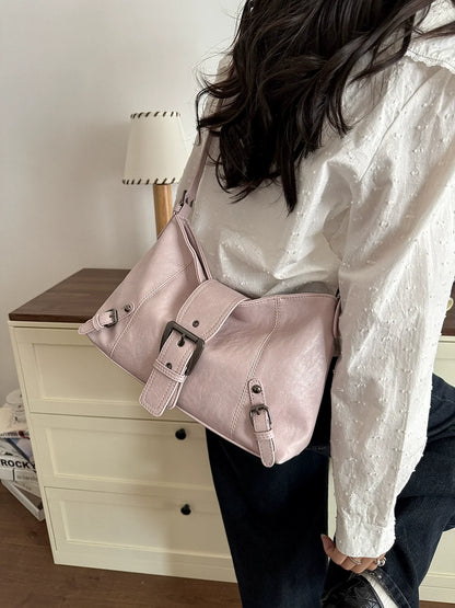 Nova Bolsa Feminina Franzida - Bolsa Minimalista de Couro Macio para Outono, Estilo Baguete - Bolsa Tote Pequena, Doce e Descolada para Motociclistas, de Ombro Único.