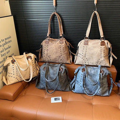 Bolsa Feminina Retrô da Moda com Rebites - Novo Estilo 2026, Bolsa de Ombro Estilosa, Bolsa Tote Minimalista de Grande Capacidade para Exportação.