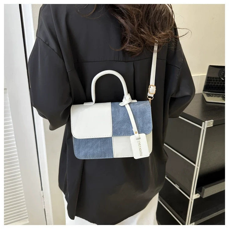 Bolsa Feminina Fashion Patchwork Xadrez Texturizada - Bolsa de Ombro e Transversal Chic para o Trabalho Primavera/Outono 2026 - Bolsa Quadrada Pequena da Moda