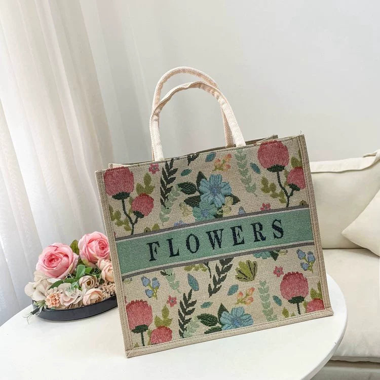 Nova bolsa de linho com estampa de desenho animado, grande capacidade, bolsa de compras com bordado jacquard para mulheres, bolsa de compras de linho simples e elegante.