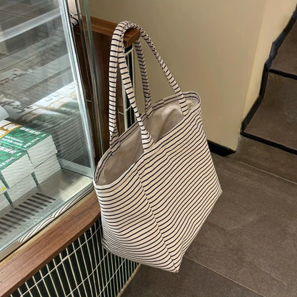 Bolsa de Lona Listrada Estilo Coreano de Alto Valor - Nova Bolsa Tote de Grande Capacidade, Bolsa de Ombro e Bolsa de Mão para Escola, Trabalho e Compras.